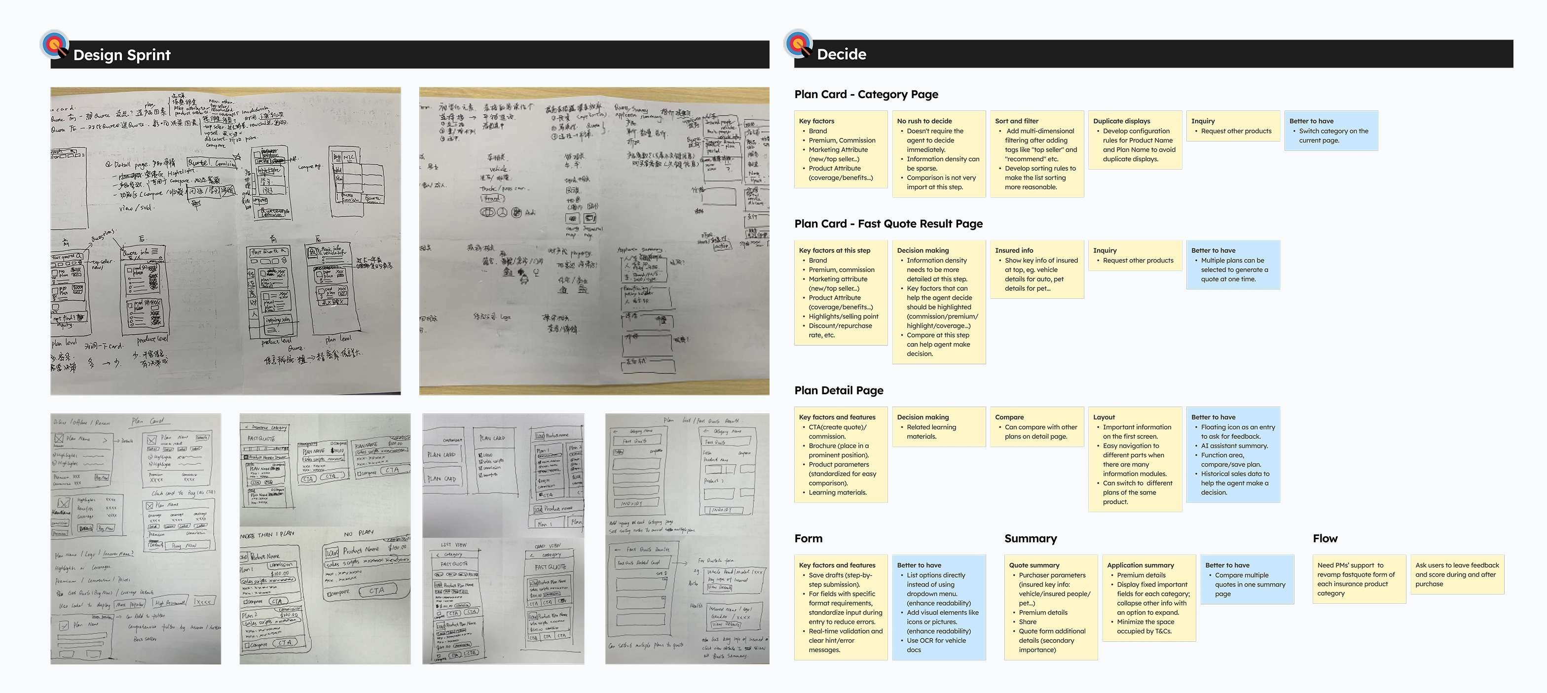 Design Sprint sketches and decisions for product cards, quotes, details, forms, and summaries
